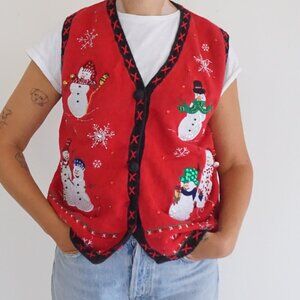 Vintage Basic Editions Holiday Red Snowman Sequin Beaded Button Sweater Vest L
